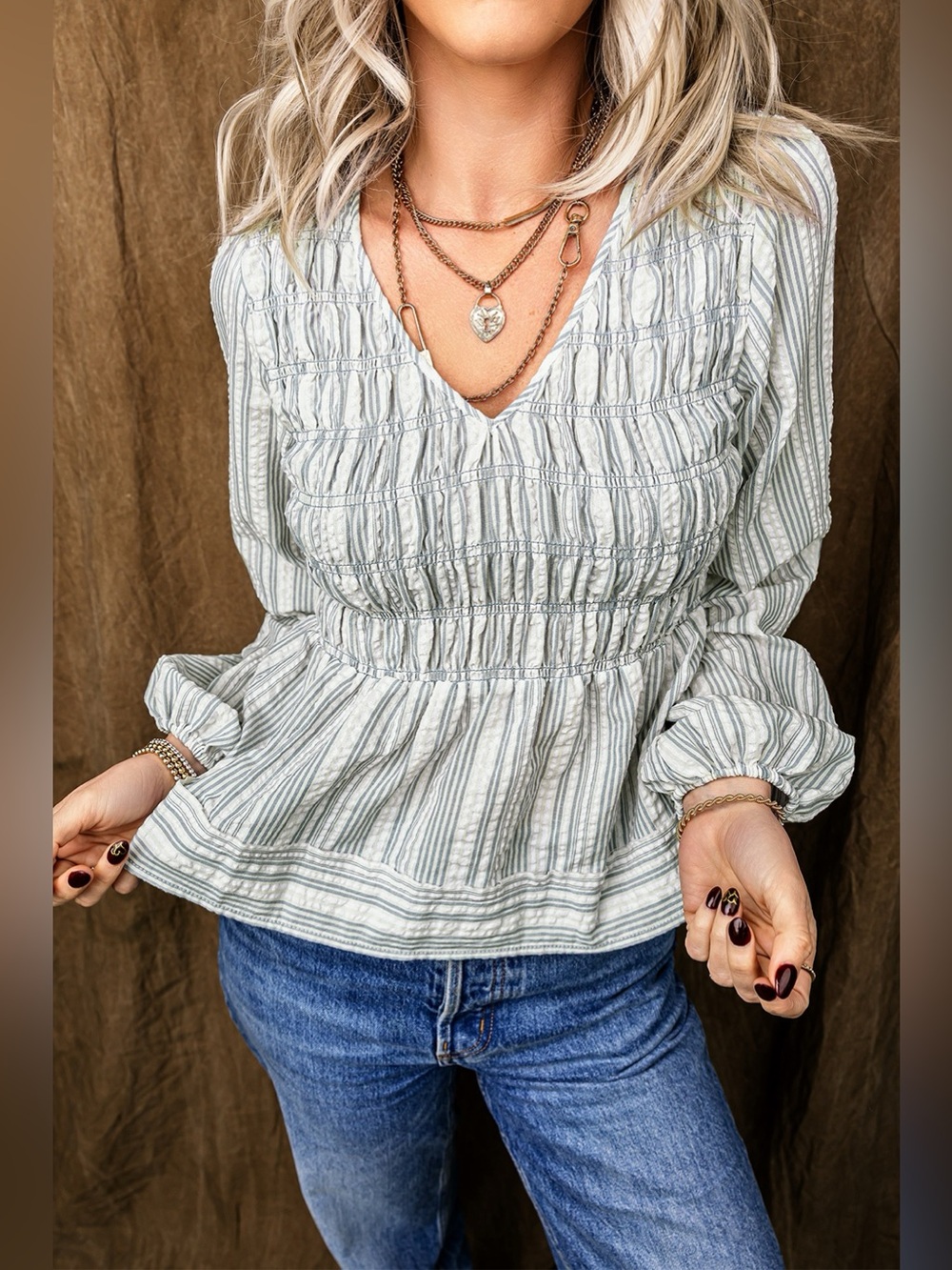 Stripe V Neck Shirred Long Sleeve Blouse